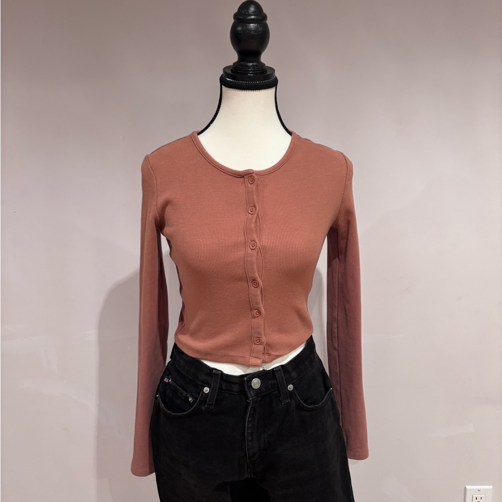 Zara Terracotta Ribbed Button Up Cardigan - Picture 3 of 5